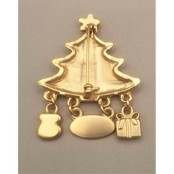 Christmas Tree Brooch Pin Dangling Charms Gold Tone Red Green Present Stocking - Picture 3 of 4